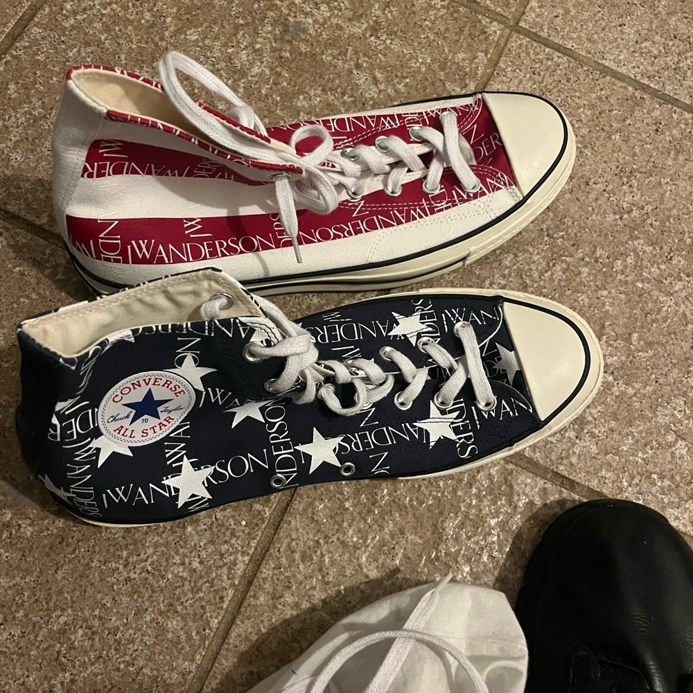 JW Anderson Converse classic Chuck Taylor high top Red white blue American flag.